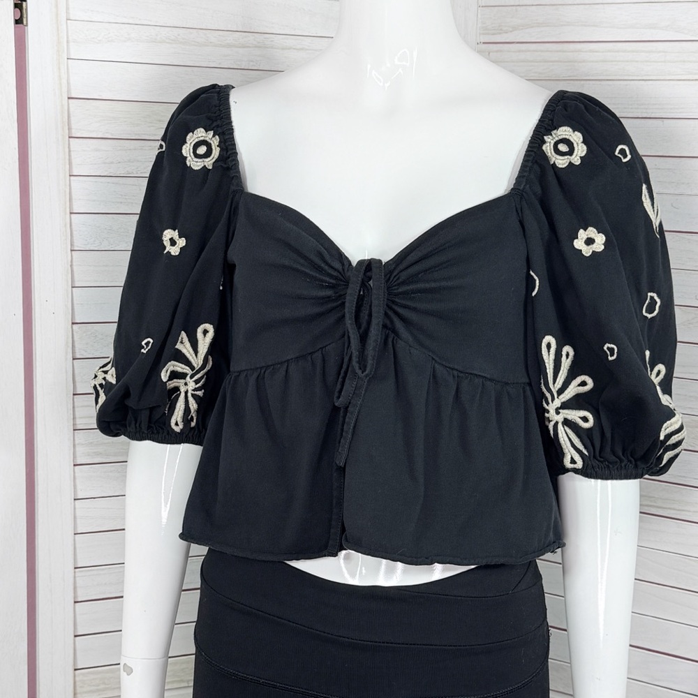 Asos Boho Embroidered Puff Sleeve Cinch Chest Crop Top Black Tan 6